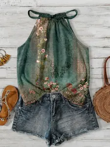 2026 New Women's Bohemian Floral Adjustable Halter Back Tie Sleeveless Ruched Hem Tank Top, Boho Chic Halter Neck, Stylish Summer Fashion, Comfortable & Trendy