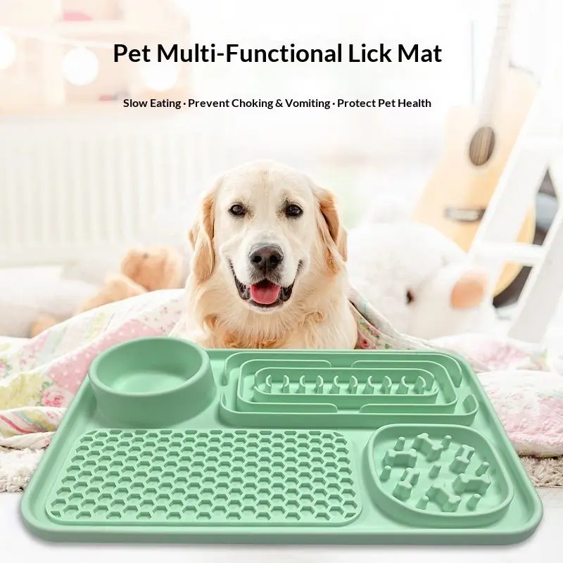 New 4-in-1 Pet Slow Feeder Mat Platter, Silicone Anti-Choking Slow Feeding Training Mat, Oversized Thickened Bite-Resistant Durable Pet Feeding Tool, Food-Grade Silicone Pet Licking Mat, Strong Suction Dog & Cat Licking Mat