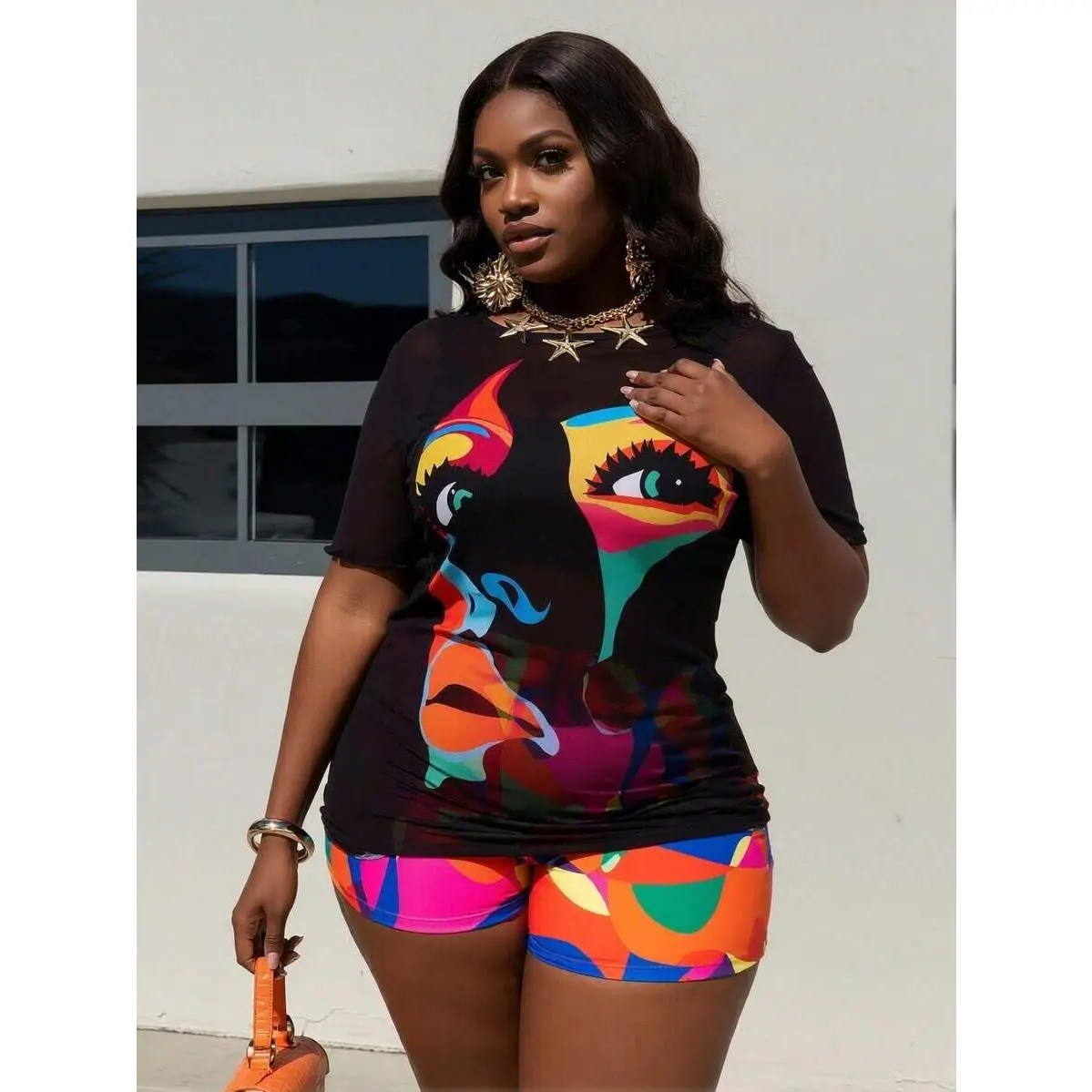 2026 New Art Face Print Set, Sheer Short Sleeve & Geo Shorts, Streetwear Plus Size Women's Clothing Swimsuits For Woman
