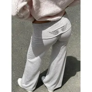 Pure Color Casual Fashion Folded Waistband Wing Back Decoration Flared Leg Pants Stylish Loose-Fitting Bottoms for Everyday Wear all day comfort urban streetwear classic fit casual essential essential wardrobe
