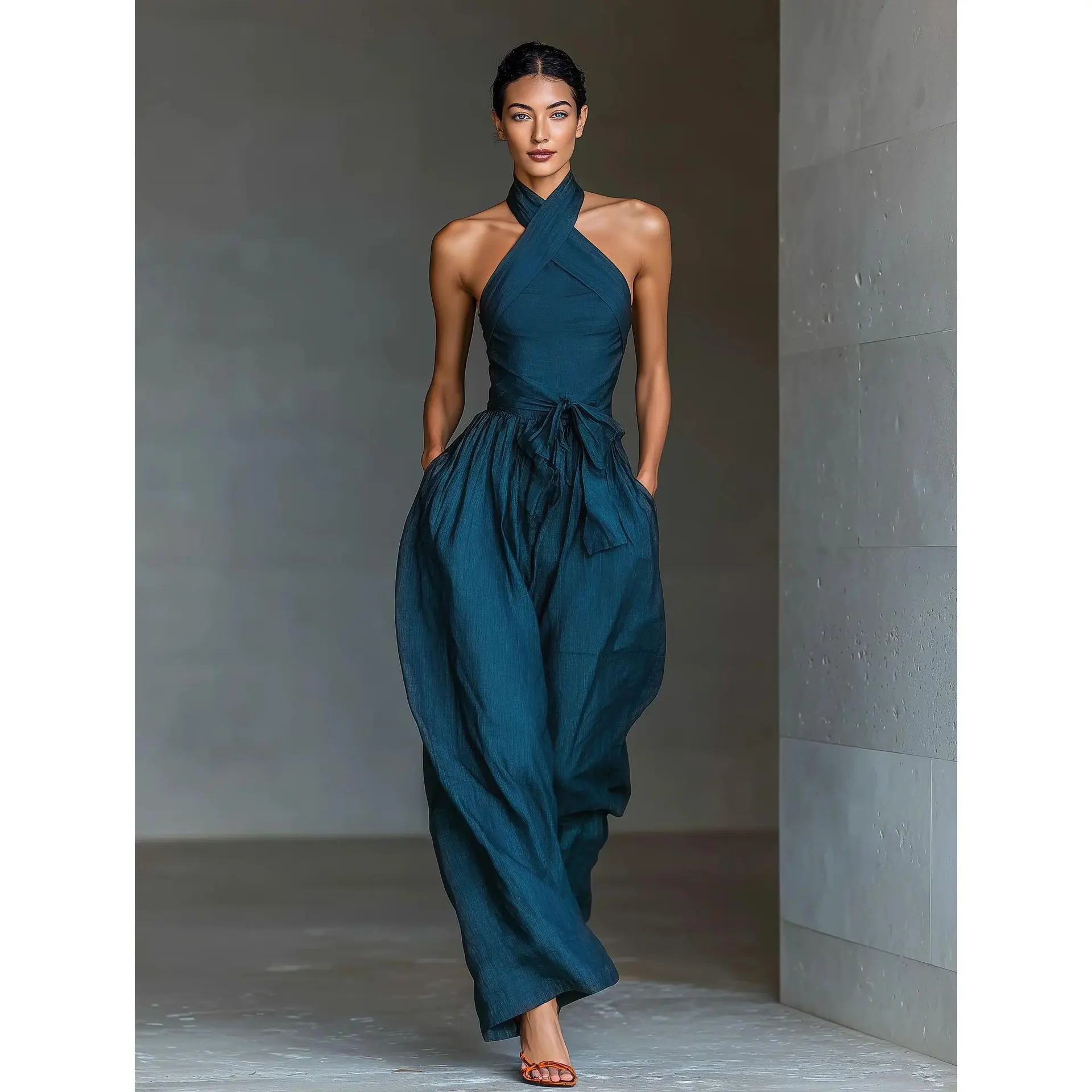 2026 European and American new women's lace-up linen fabric cross-suspender wide-leg jumpsuit