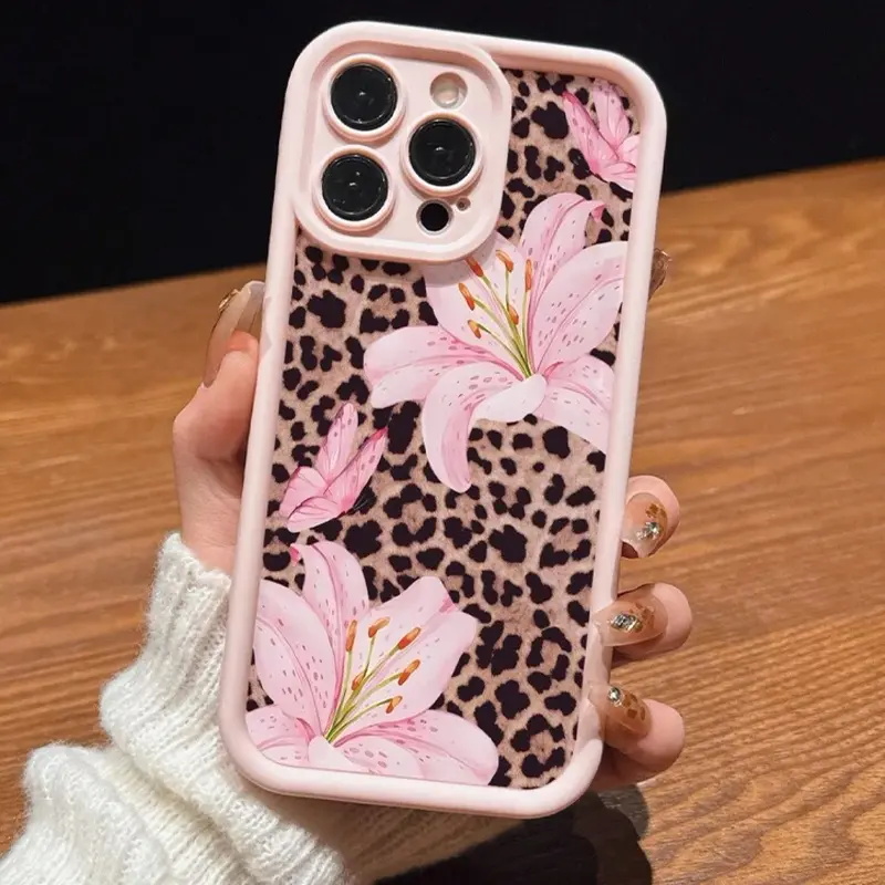 Phone Case: Cute Pink Lily  and Leopard Pattern For iPhone 17 16 15 14 13 12 11 PRO MAX PLUS 17AIR 16E 17E 13mini 12mini XSMAX X XS Samsung S26 S25 S24 S23 S22 S21 ULTRA PLUS A54 A53 A52 A36 A35 Must-Have Flexible Soft Shell Case Premium Shockproof Armor