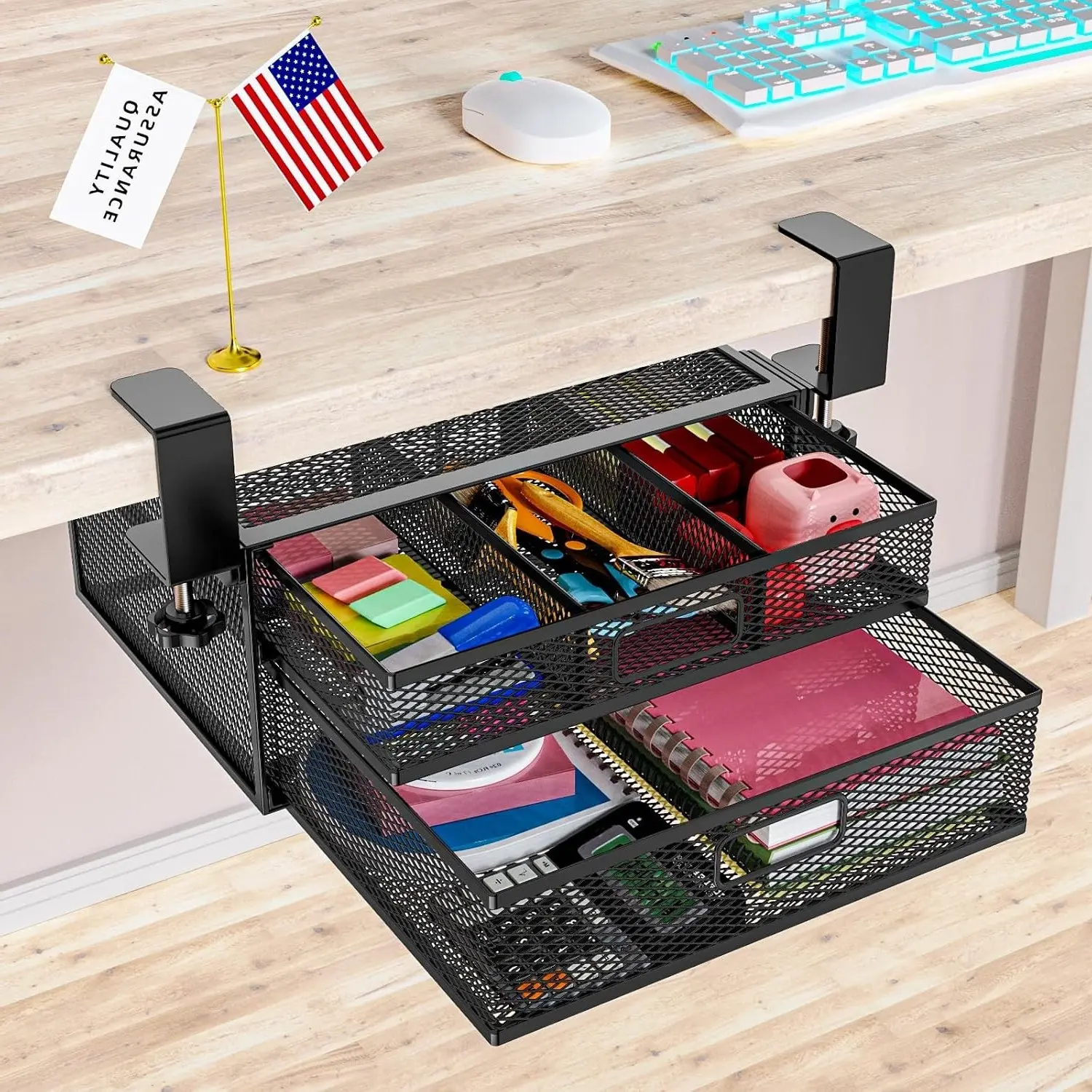 No-Drilling Under Desk Drawer Organizer with 2 Slide-Out Storage Drawers, Clamp-On Desk Management Organizer for Home & OfficeGift