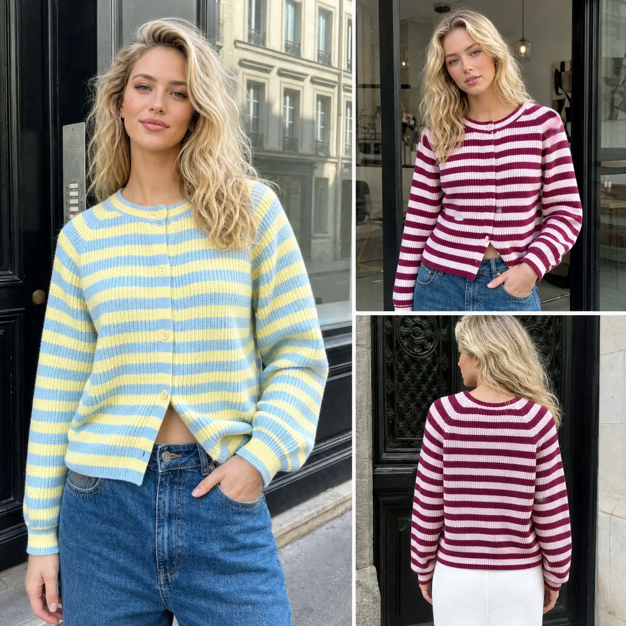 Women's French Style Striped Cardigan Crew Neck Button Front Long Sleeve Knit Sweater Preppy Vintage Chic Trendy