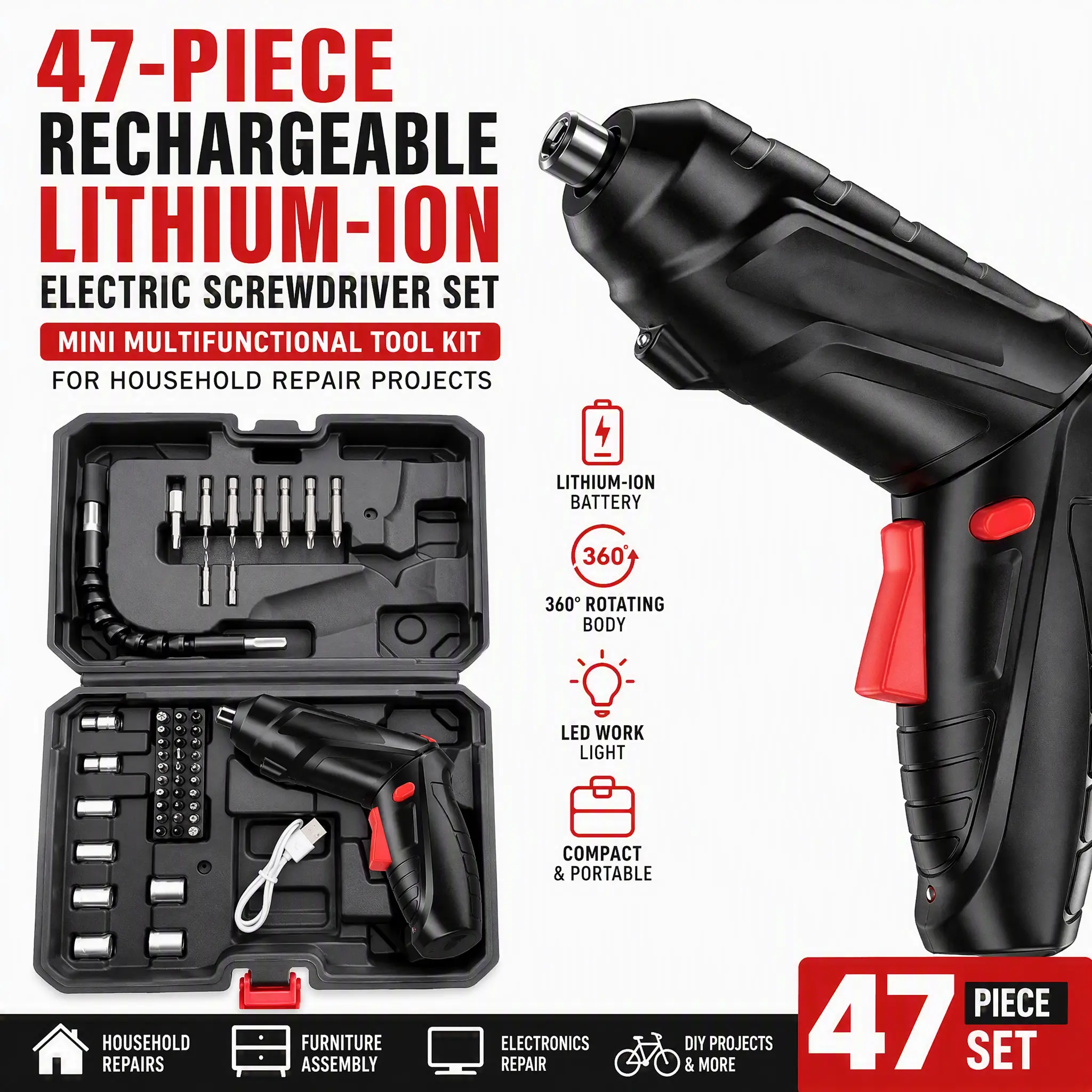 47‑Pcs Multifunctional Mini Rechargeable Lithium‑Ion Cordless Electric Screwdriver Complete Household Maintenance Tool Kit