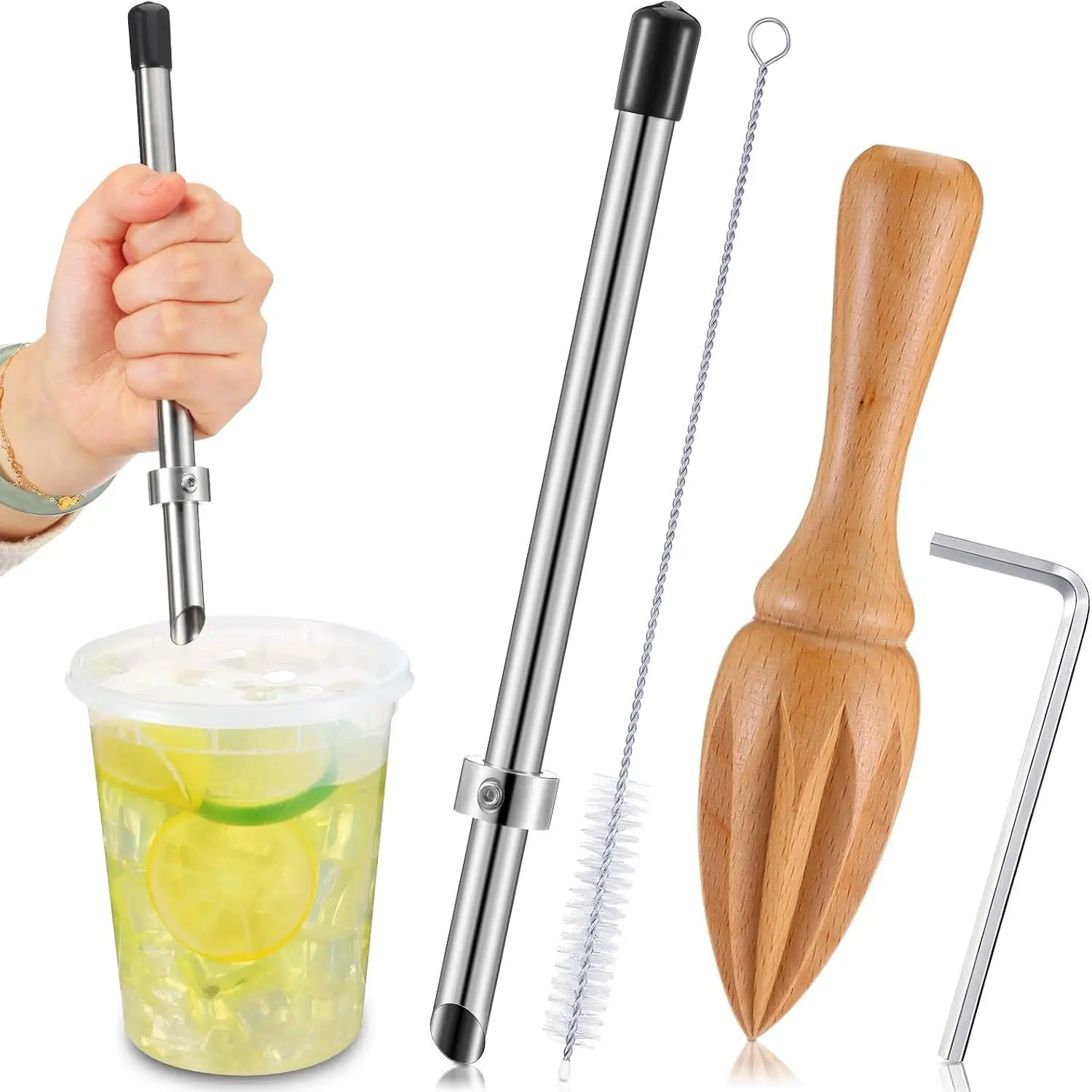 2 count Wooden Manual Citrus Reamer with Straw Puncher for Lemonade Plastic  Cups, 304 Stainless Steel Straw Hole Puncher, Manual Citrus Juicer,  Squeezed Lemonade Stand Supplies