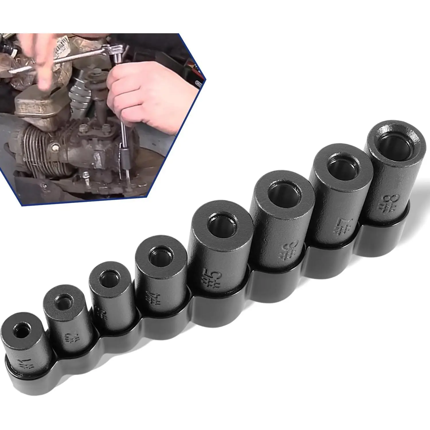 70500 8-Piece Tap Socket Set, Fits 1/4" & 3/8" Drive, Compatible with Fractional Standard Tap up to 1/2", 1/8" NPT Taps, Metric Tap up to 12mm