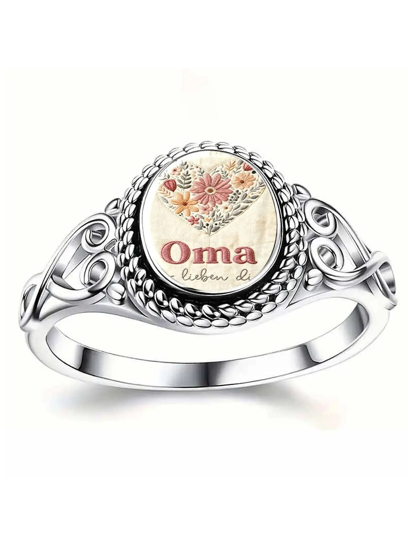 Retro hollow ring with embroidered floral hearts in German text. "Oma" in German means grandmother or aunt, symbolizing the warm and lasting love between grandparents, full of warm commemorative significance.