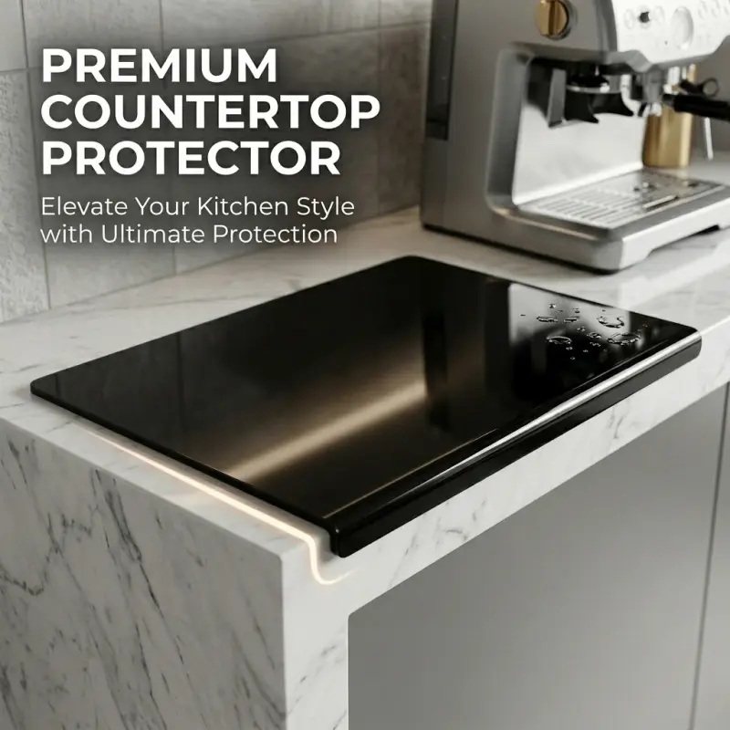 Gloss Black Acrylic Premium Countertop Protector Mat, Waterproof Heat Resistant Bent Edge Guard for Marble Quartz Kitchen Worktop