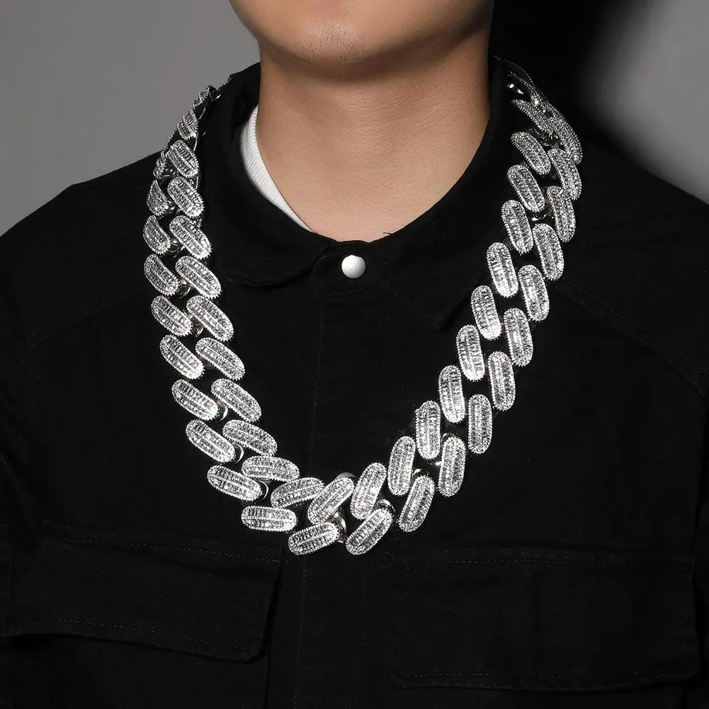Silver Plated Full Paved Baguette Zircon 26mm Wide Cuban Link Iced Out Hip Hop Sweater Necklace Men Trendy Costume Jewelry