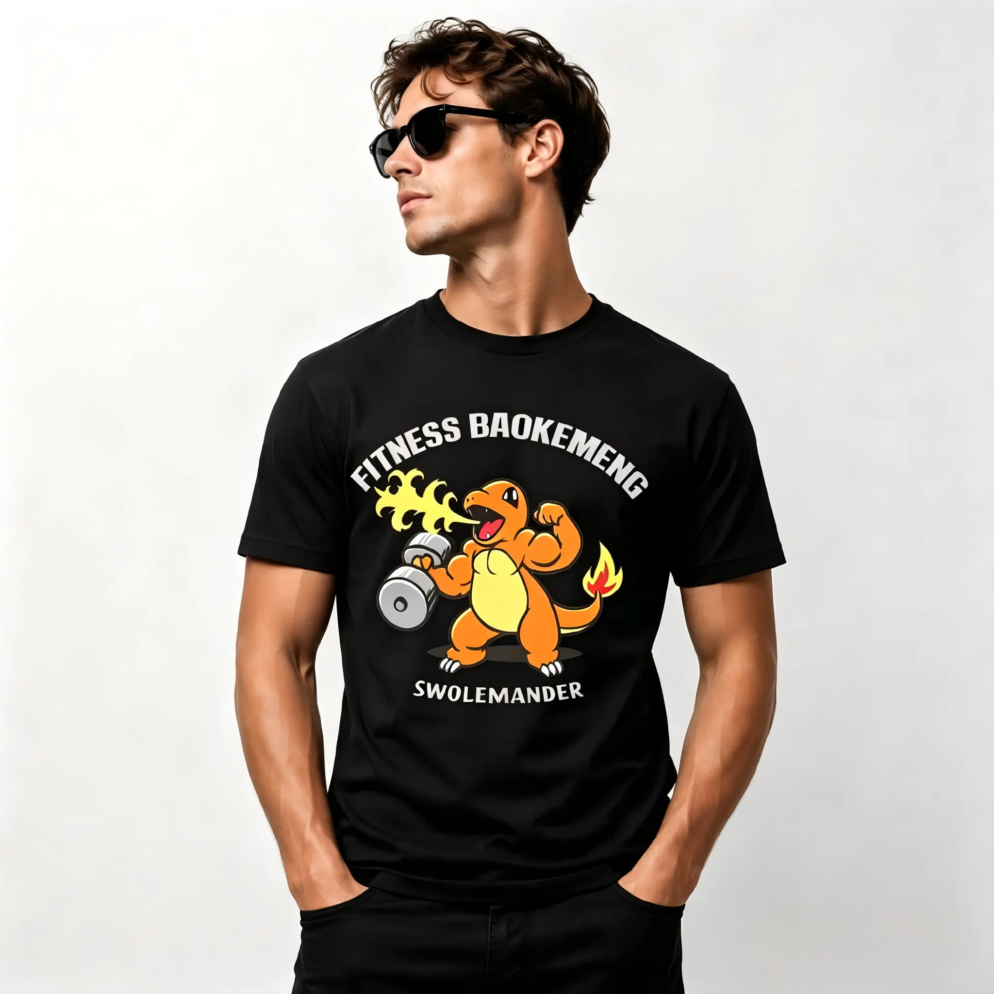 Swolemander Buff Charmander Fire Type Fitness Anime Cartoon Art Single Side Print Casual Gym Friend Group Outfit For Pokemon Collectors Workout Lover Gift Tee Funny Character Meme Top gym fan gift tee swole charmander top fitness anime clothing