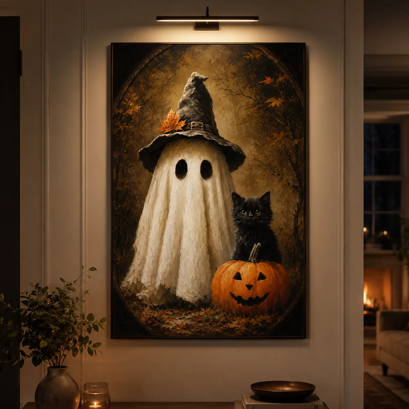 Vintage Witch Hat Ghost and Cat Pumpkin Oval Frame Decorative Painting, Vintage Art, Dark Fairy-Tale Style, Halloween Wall Decor, Gothic Room Decor, Spooky Home Decor, Autumn Wall Art, Black Cat Poster, Haunted House Decor, Unique Halloween Gift