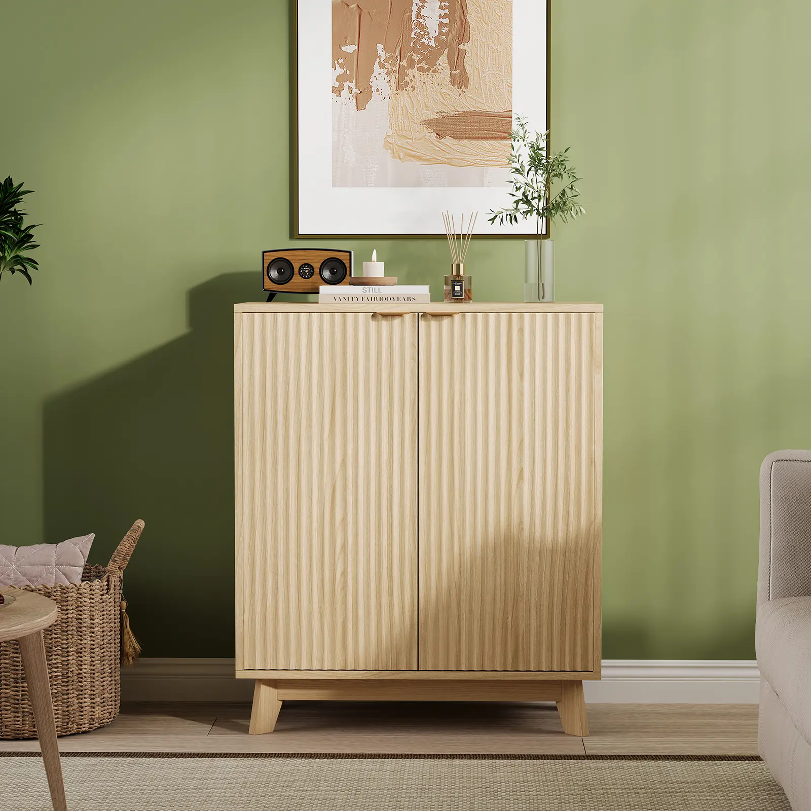 Modern Fluted Sideboard Buffet Cabinet, 2-Door Storage Console with Gold Handles | Wave-fluted design | Gold handles | Adjustable shelf | Anti-tip hardware | Multi-room versatile