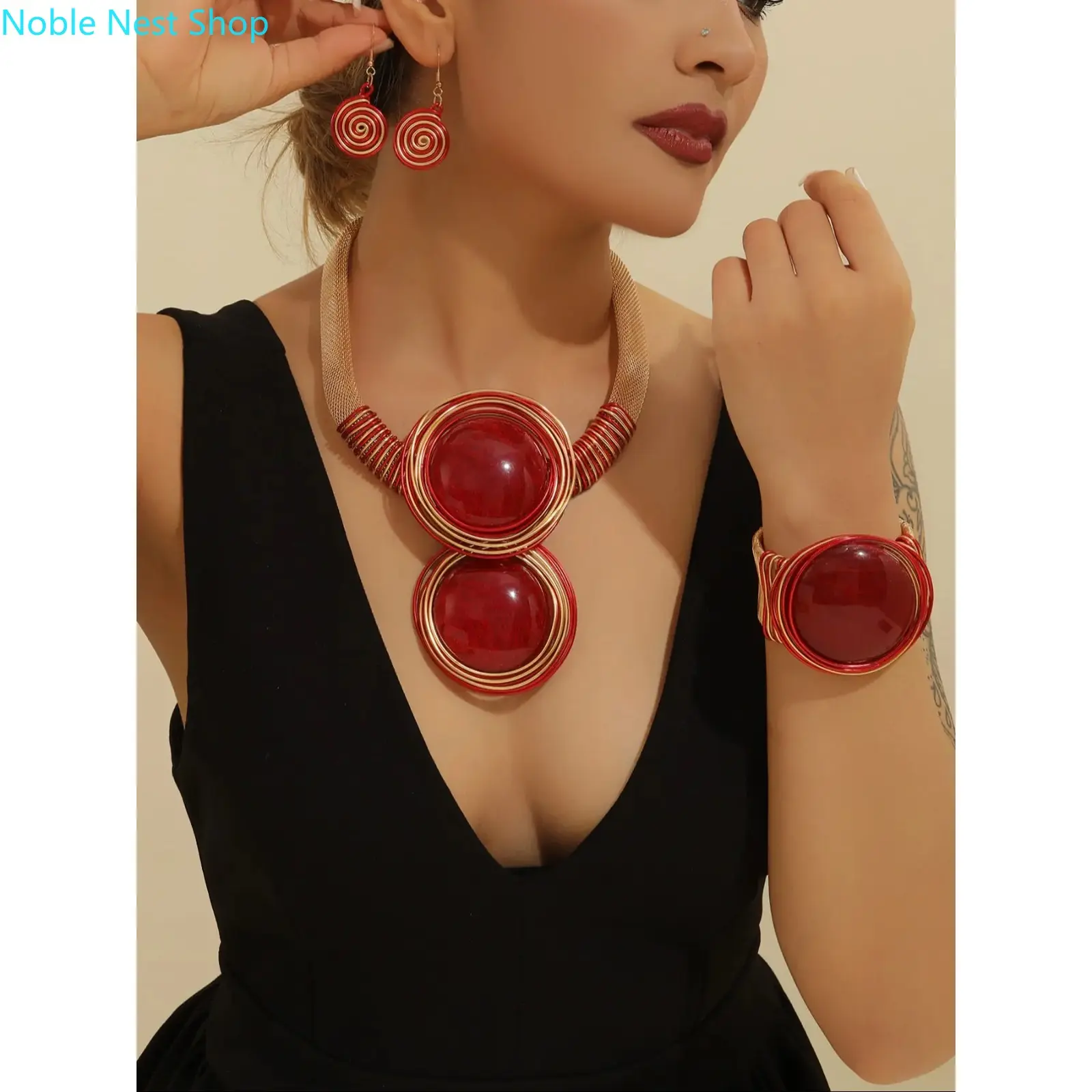 Boho Colorblock Jewelry Set for Women, Funky 3-Piece Lightweight Handmade Synthetic Resin Teardrop Necklace, Earrings & Bracelet for Everyday Party Wear, Layered Jewelry Set, Unisex, Handwoven Synthetic Resin, Not Suitable For Young Children