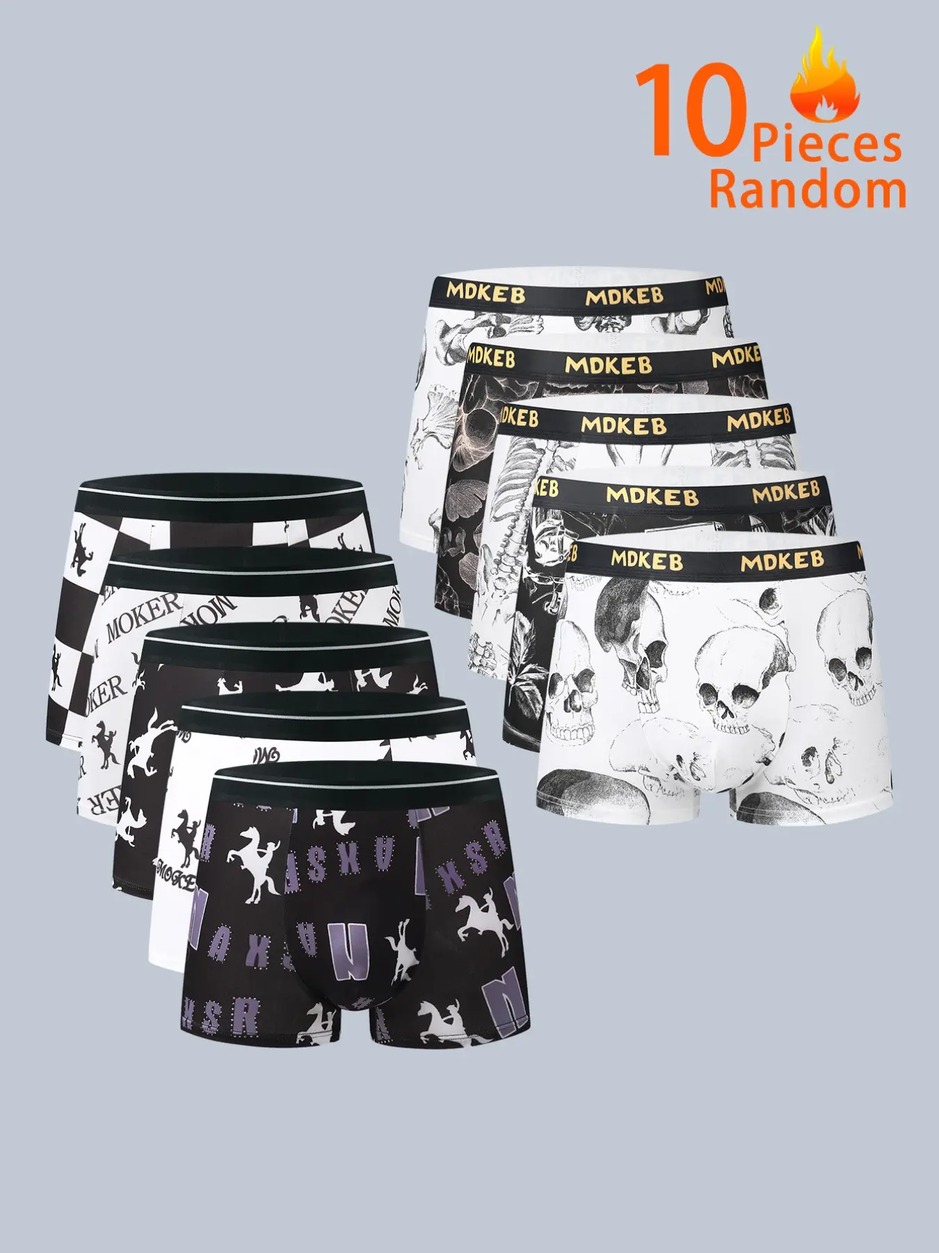 10 Pcs Random Pack Dark Style Men's Boxer Briefs Set, Skull Western Cowboy Letter Print High Elastic Trunk, Trendy Loose Fit Youth Casual Style Underwear