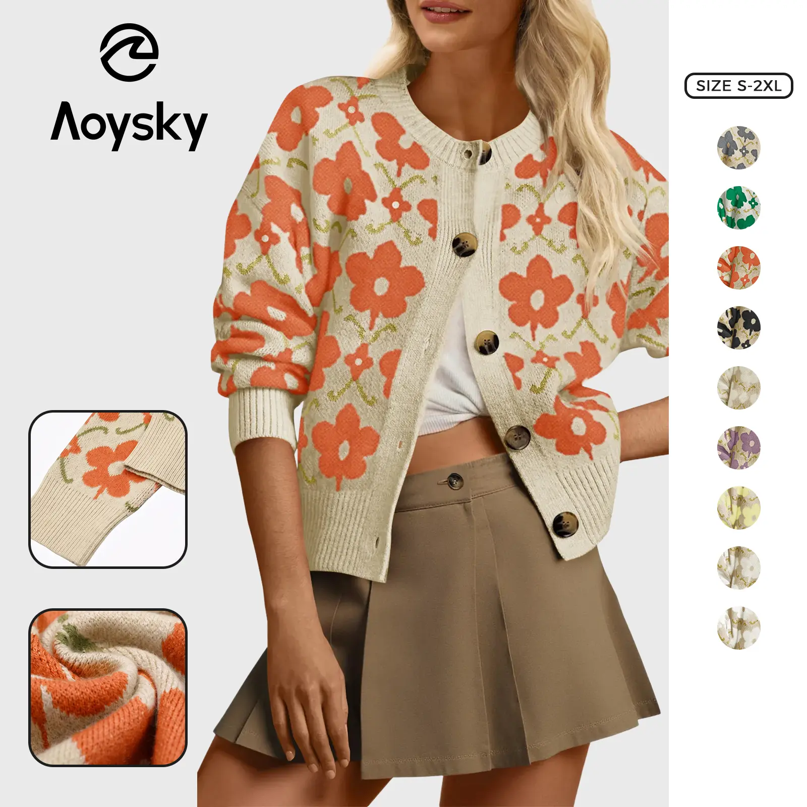 Aoysky Women's Vintage Floral Print Knit Cardigan, Casual Long Sleeve Crewneck Button Down Loose Sweater Top, Knitwear, Longsleeves