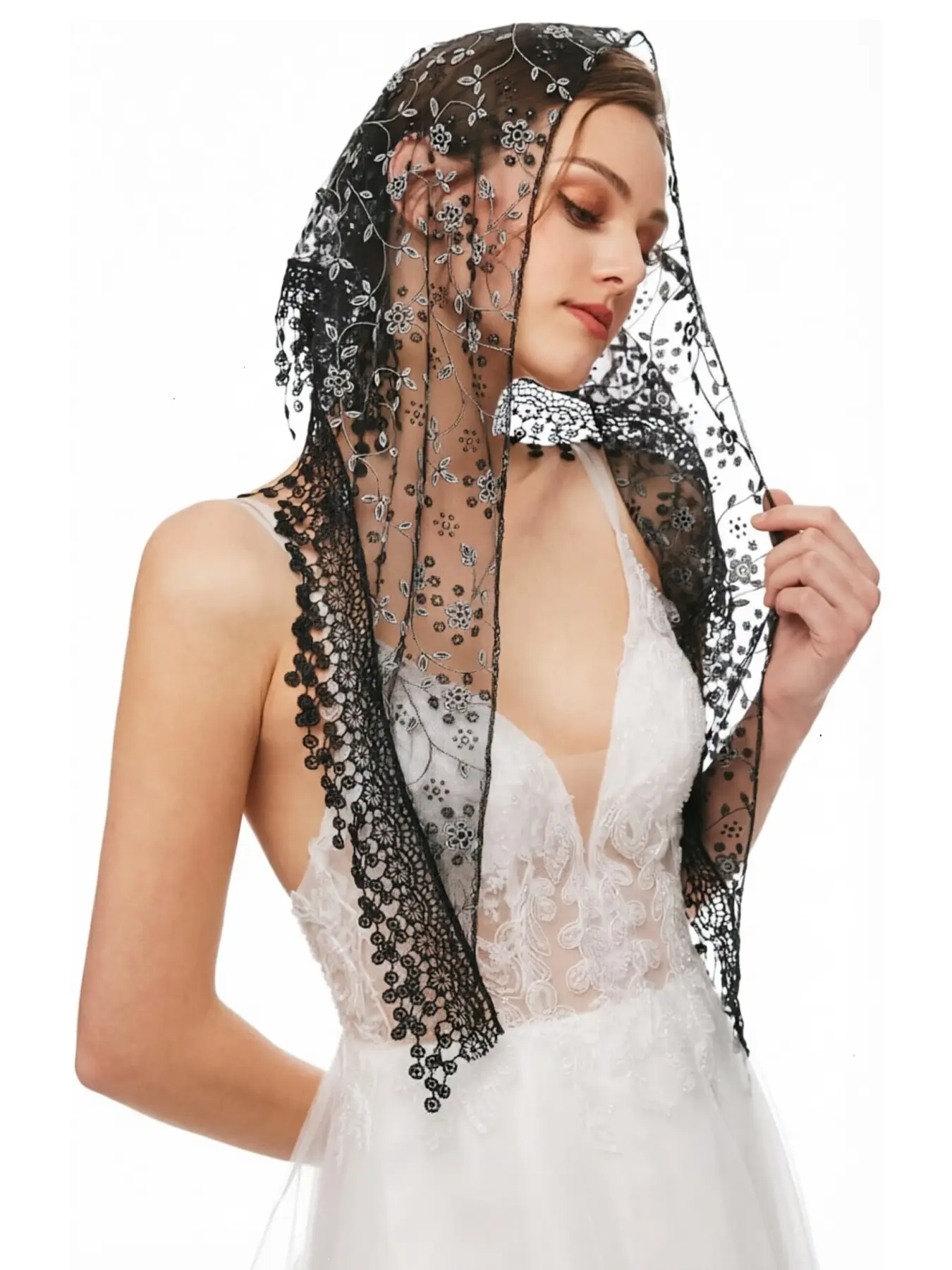 Triangle Lace Mantilla Veil Tulle Scarf Covering Church Veil for Mass Wedding Bridesmaids