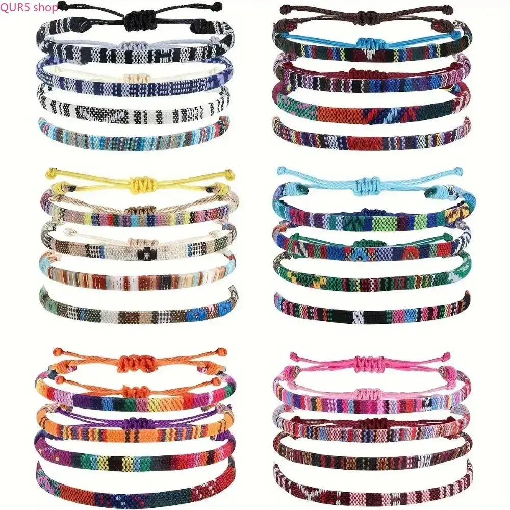 Boho Style Adjustable Anklet Set, Unisex Colorful Waterproof Braided Rope Ankle Bracelets With Bohemian Charms, Available In 4-24 PCS Pack, Chic Outdoor Sports & Summer Vacation Jewelry Accessory For Women Men