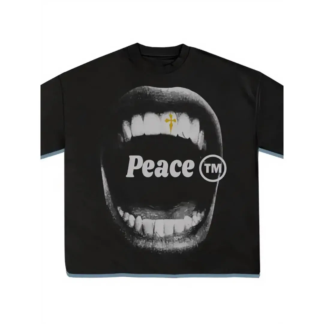 Unisex Minimalist 100% Cotton Peace Graphic T-Shirt - Sporty Chic Men's Graphic Tees, Casual Crew Neck Short Sleeve Top, Breathable Soft Essential with Mouth Print