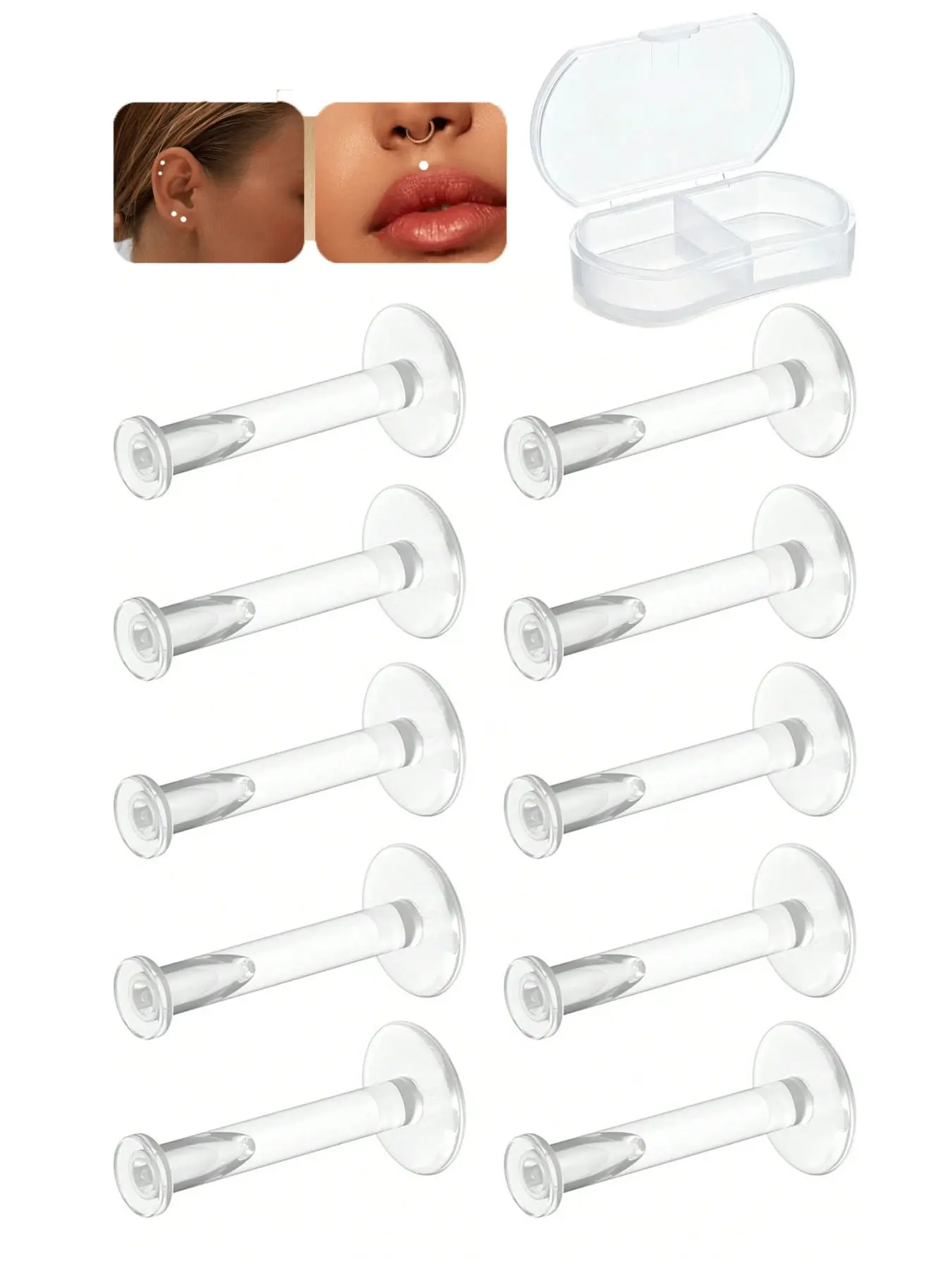 10 Pcs/Box 18G/20G Hypoallergenic Transparent Earrings, Suitable For Work And Sports - Bioflex Lip Rings, Cartilage Helix Tragus Earlobe Earrings, Clear Piercing Retainers, Plastic Jewelry, Unisex, 6mm, 8mm, 10mm, 12mm
