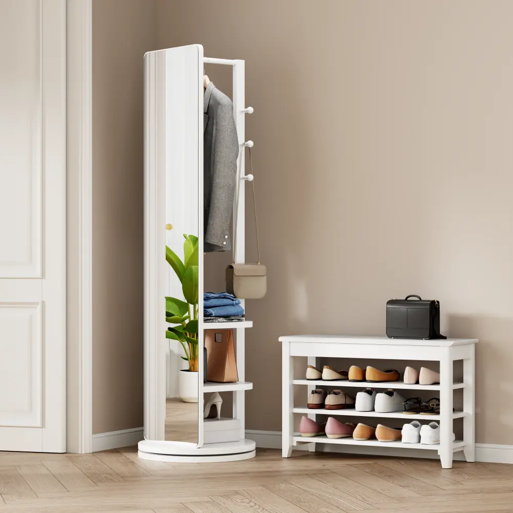 Littleox 360° Rotating 66"x17.8" Multifunctional Full Length Mirror with Hook Storage Rack Coat Rack with Mirror Solid Wood Floor Mirror Bedroom Living Room Cloakroom Space Saving (white)
