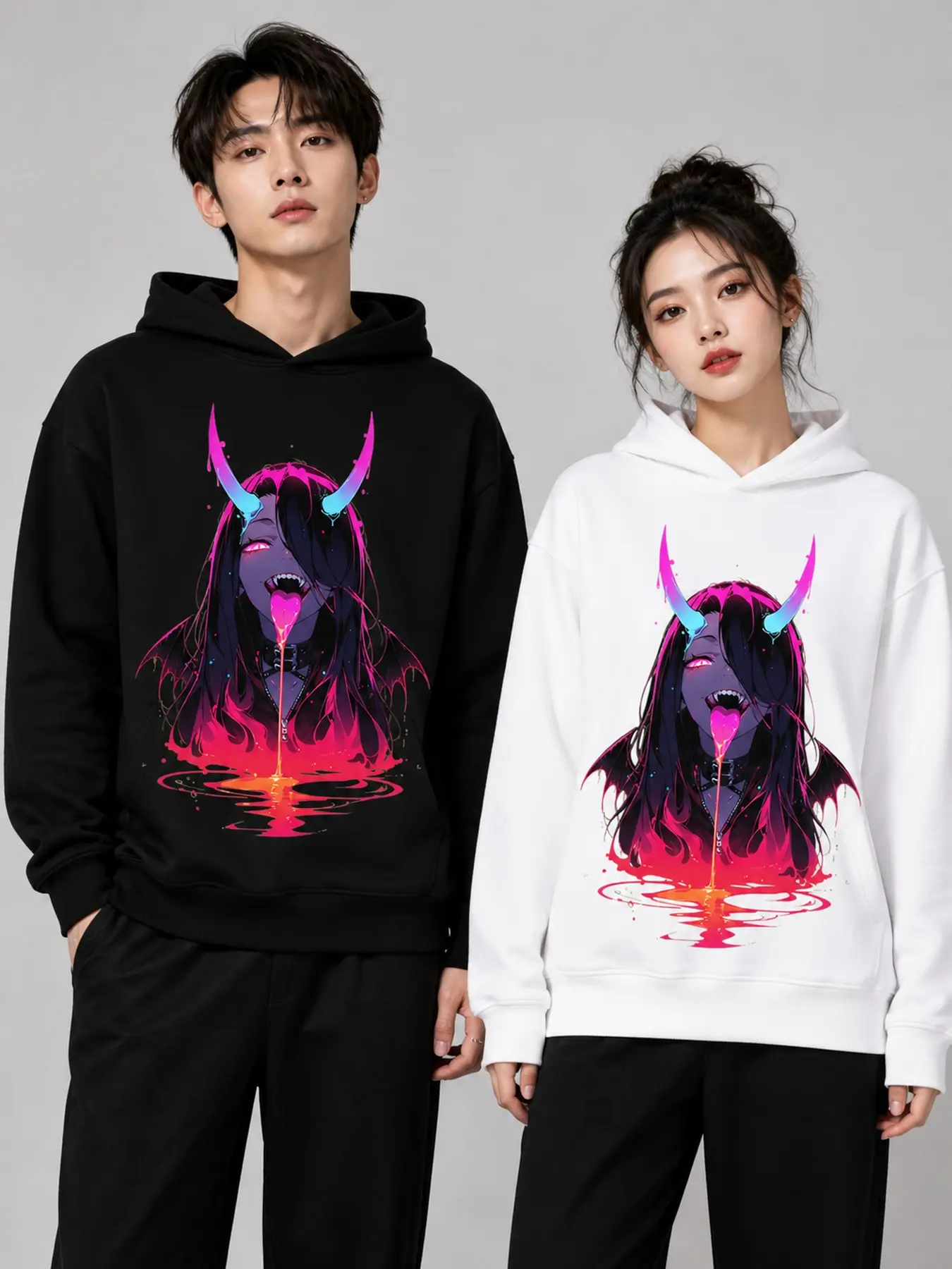 Neon Purple Oni Demon Sunset Crewneck Sweatshirt, Anime Oversized Pullover, Perfect Gift Cool Shirts, Graphic Oversized Heavyweight Fleece-Lined Sweatshirt and Hoodie for Men and Women, Workout Crewneck and Hoodie, Y2K Hoodie