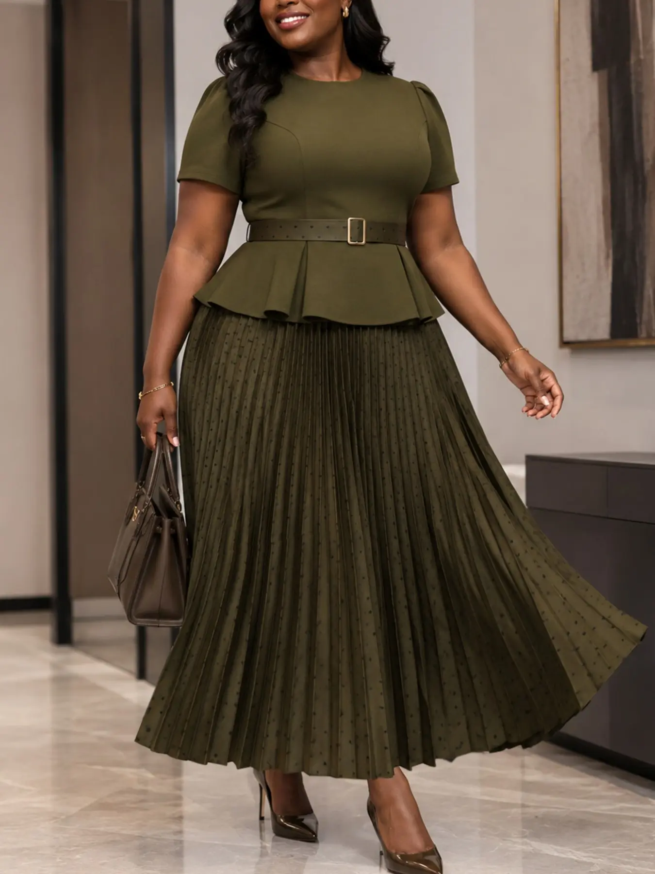 Plus Size Elegant Feminine Chic Women Two Piece Skirt Set Round Neck Short Sleeve Belted Peplum Top High Waist Polka Dot Pleated Skirt Office Church Party Spring Summer Daily Casual Occasions