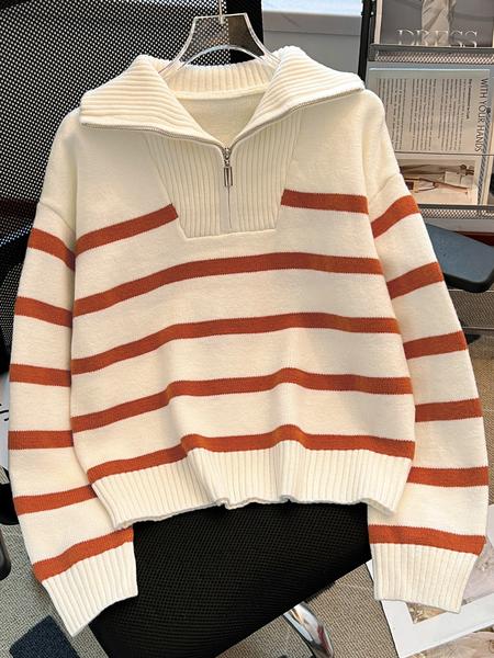 Women's Striped-Print Drop-Shoulder Sweater with Half-Zipper, Casual Long-Sleeve Collared Jumper for Daily Outdoor Wear, Knitwear for Fall & Winter, National Day Outfit