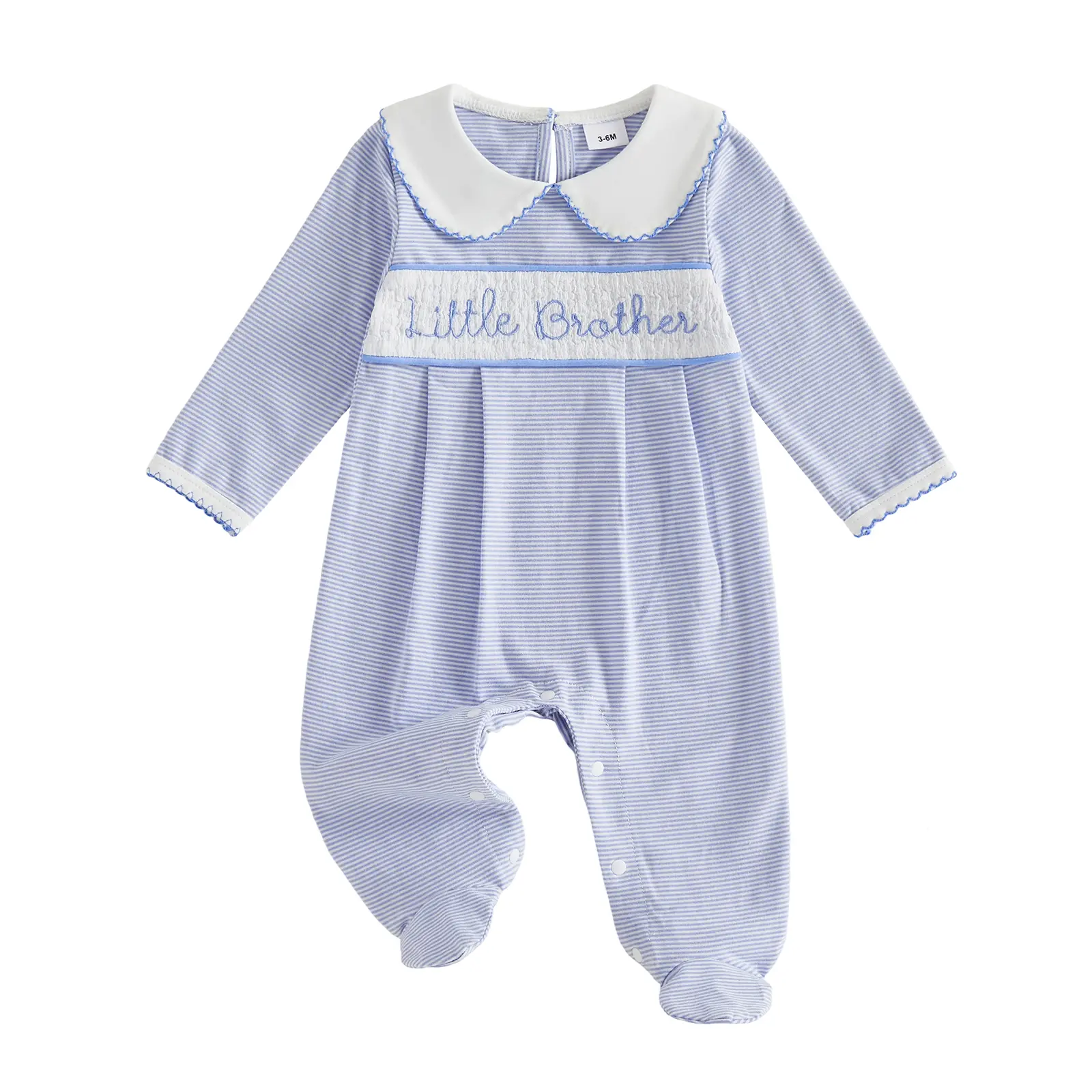 Newborn Baby Boy Striped Romper Footed Pajamas Letter Embroidery Doll Collar Jumpsuit Fall Winter 0-6 Months