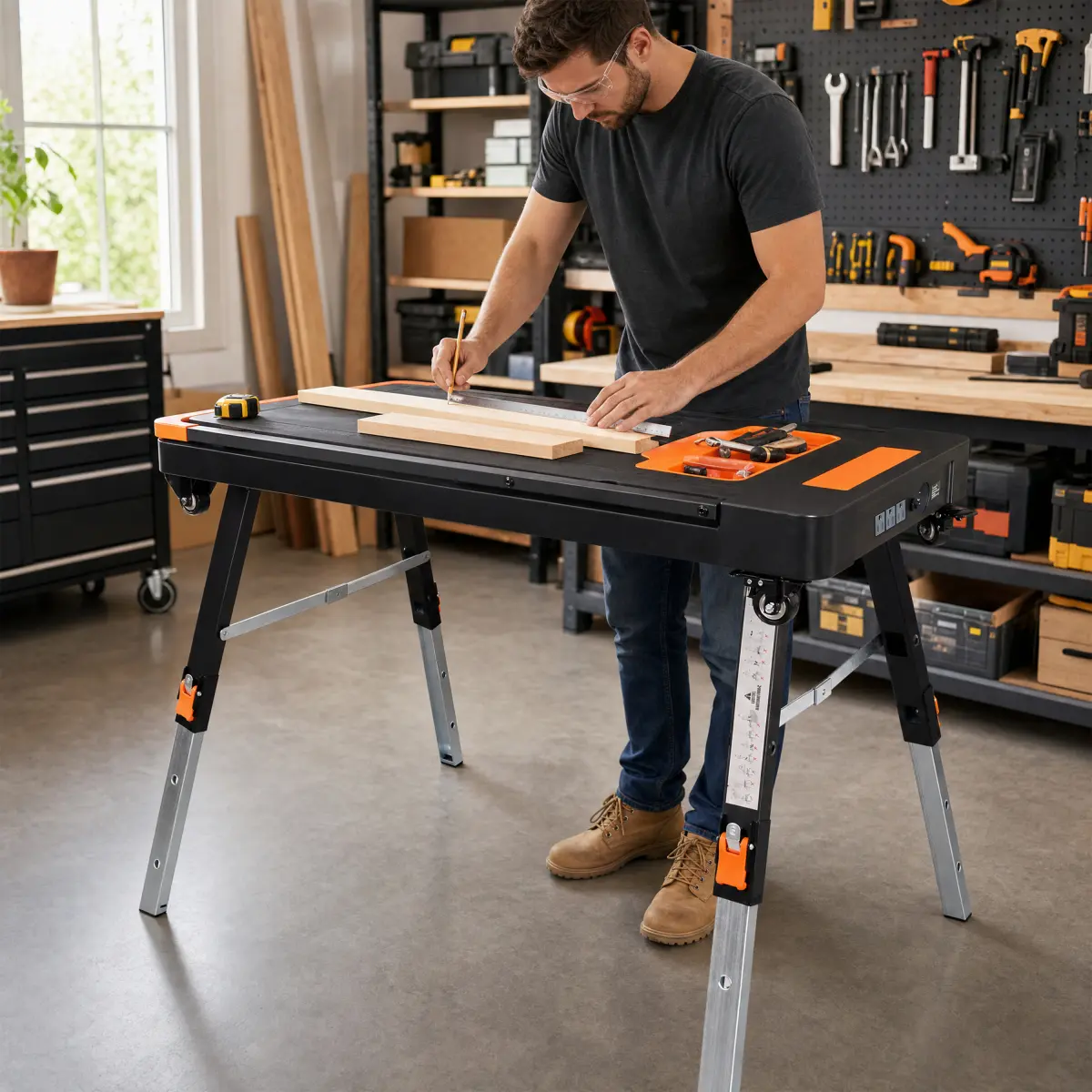 8-in-1 Foldable Rectangular Multifunctional Work Table with US Socket, Portable Heavy-Duty Workbench with Wheels for Garage, Home Use