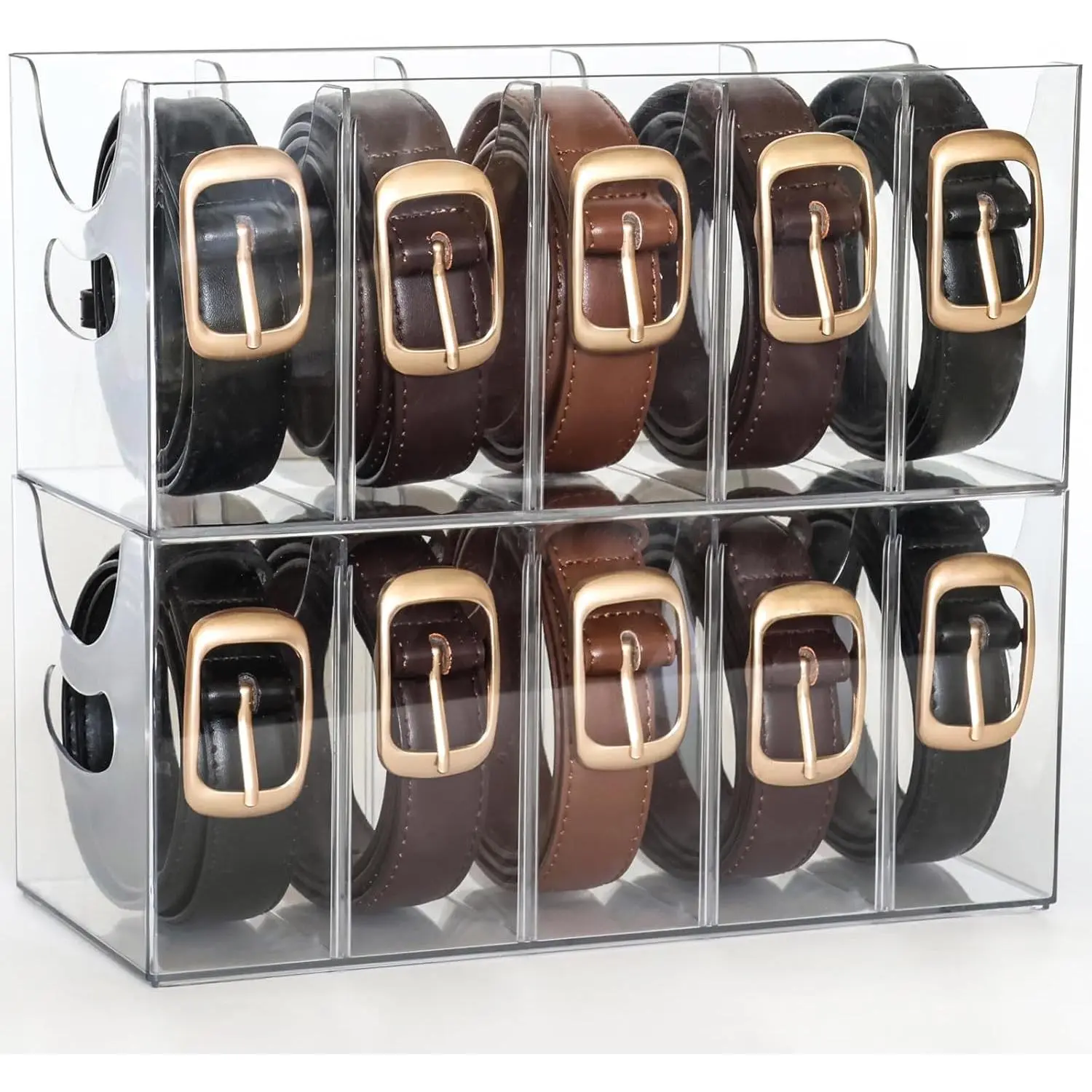Belt Organizer - 2 Pack Clear Stackable Belt holder For Closet Drawer Storage - 5 Compartments with Removable Dividers, Multi-Purpose Display Bins With Inserts For Ties,Socks,underwear (2)