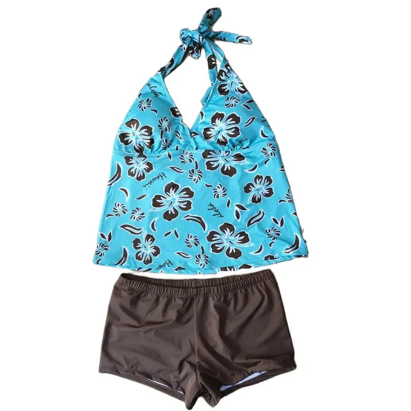Tropical Floral Print Halter Tankini Swimsuit, V-Neck Top & Boyshort Bottom Two-Piece SetBeach photography