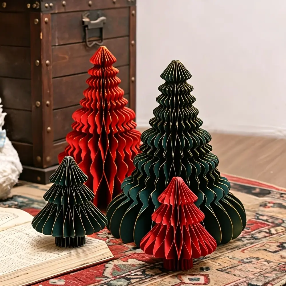 4 Piece Foldable Honeycomb Christmas Tree Set, 32cm&15cm, Handmade Retro 3D Desktop Decor, Perfect for Christmas/new Year, Home and Office Festival Decoration