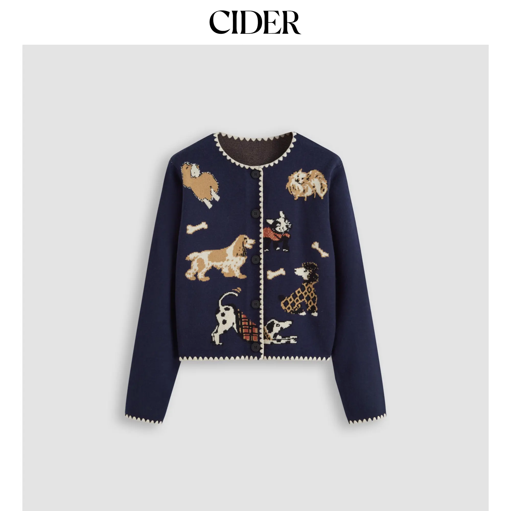 Cider [size 2-10] Knit Round Neckline Dog Pattern Cardigan