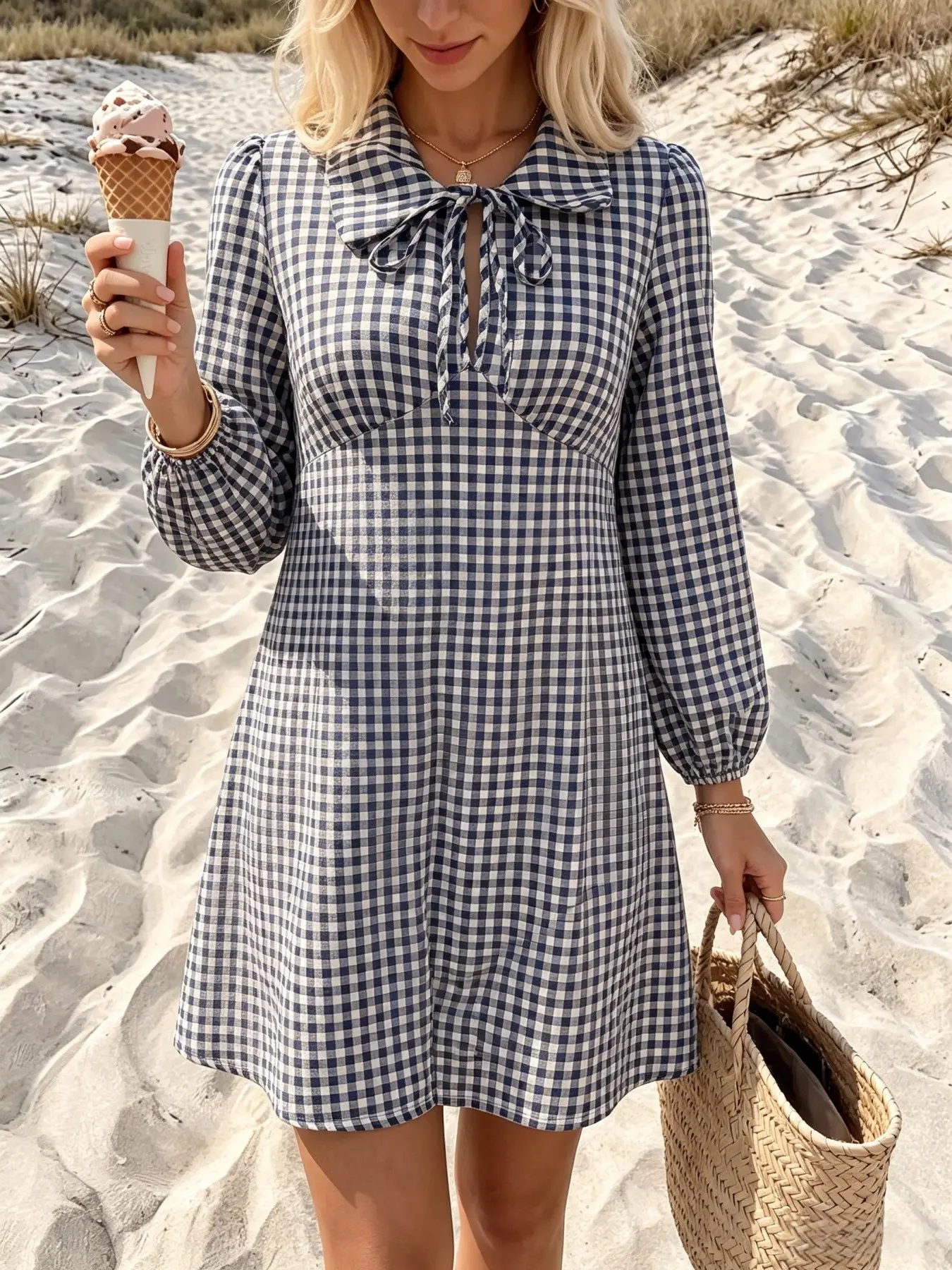 Navy Blue Gingham Mini Dress Bow Peter Pan Collar Puff Long Sleeve A Line Fall Vacation Sundress Women Vintage Plaid Collared Dress Front Tie Keyhole Long Sleeve Casual Travel Outfit Preppy Gingham Bow Collar Long Sleeve Mini Dress Back Zipper Flowy