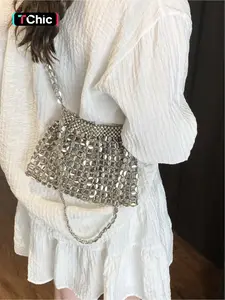 Korean Fashion Vintage Sparkle Bucket Bag, Handmade Beaded Crossbody Shoulder Bag, Perfect for Vacation, Travel, Commuting, Shopping