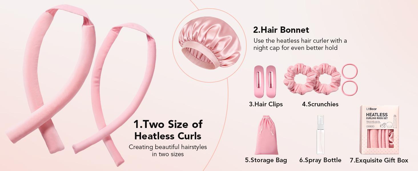Heatless Curls Overnight, 2 Sizes of Soft Hair Rollers for Women with Bonnet to Sleep In, No Heat Hair Curlers Set with Scrunchies and Clips, for Long and Medium Hair (Pink)