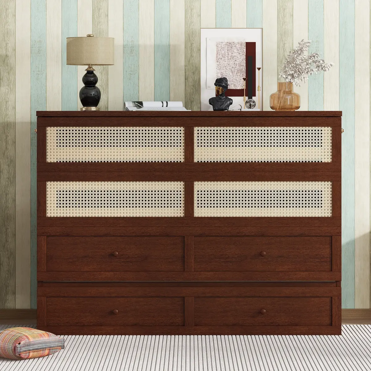 Queen Size Murphy Bed, Pine Wood Cabinet Bed with Rattan Decoration and Storage Drawer