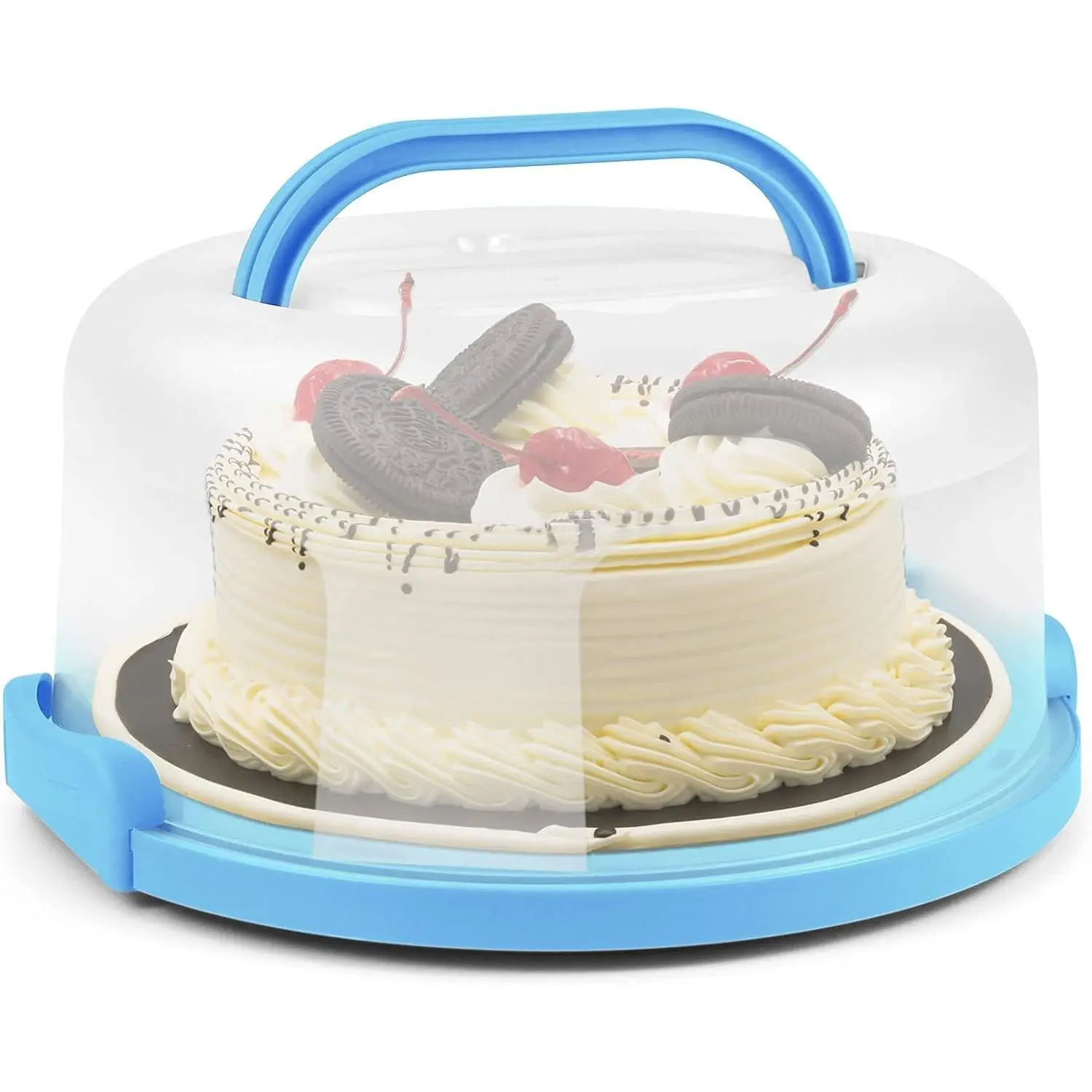 Portable Cake Carrier with Handle, Round Cupcake Holder with Lid, Plastic Storage Container Box fit 10 inch Cake, 3-Locking Muffin and Pies Keeper with Cover (Blue)