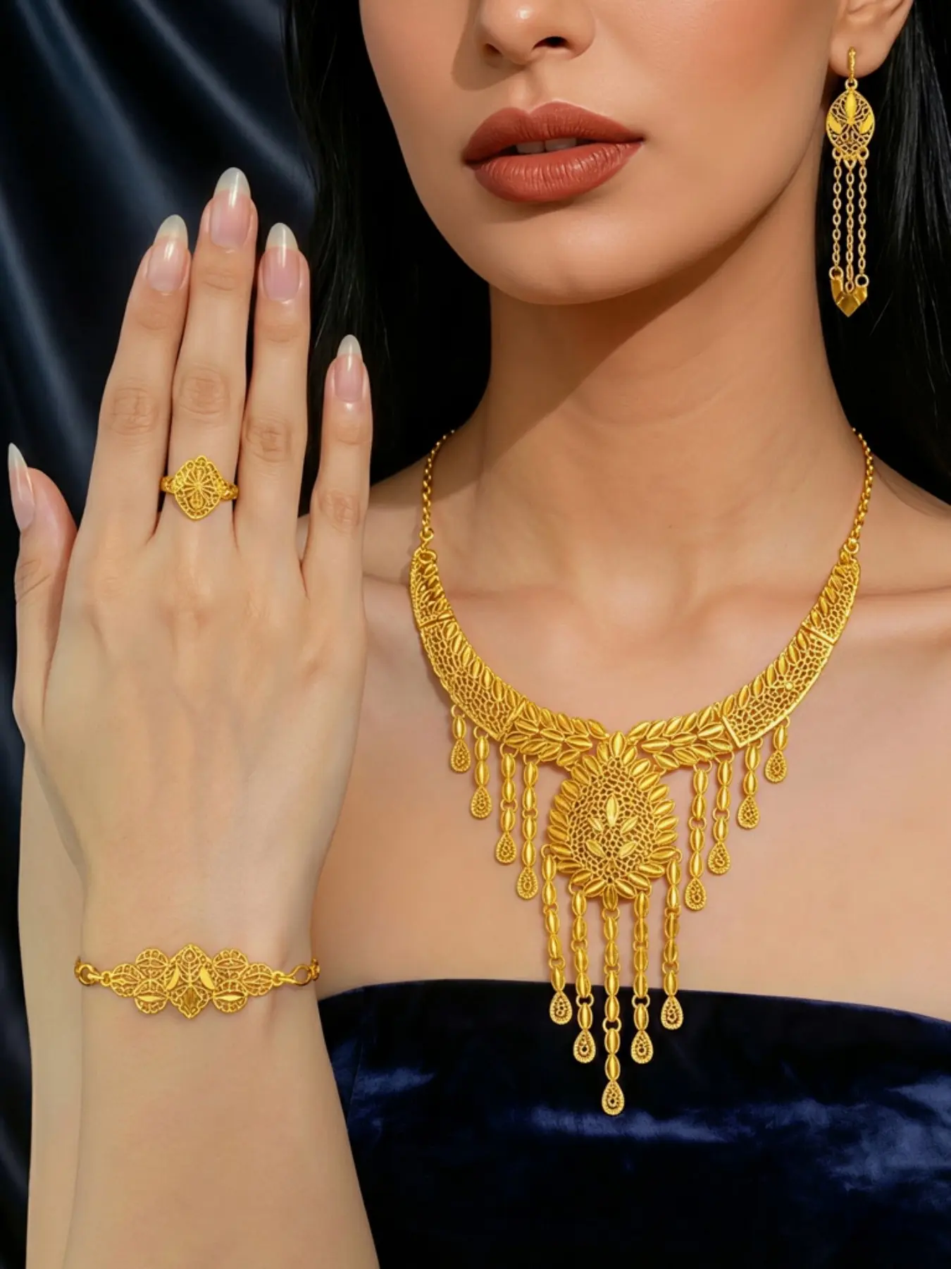4-piece set of Middle Eastern Arabic style gold-plated tassel necklaces, bracelets, rings, earrings suitable for daily wear, party accessories, gifts, engagements, weddings, jewelry sets, Bridal Wedding Jewelry