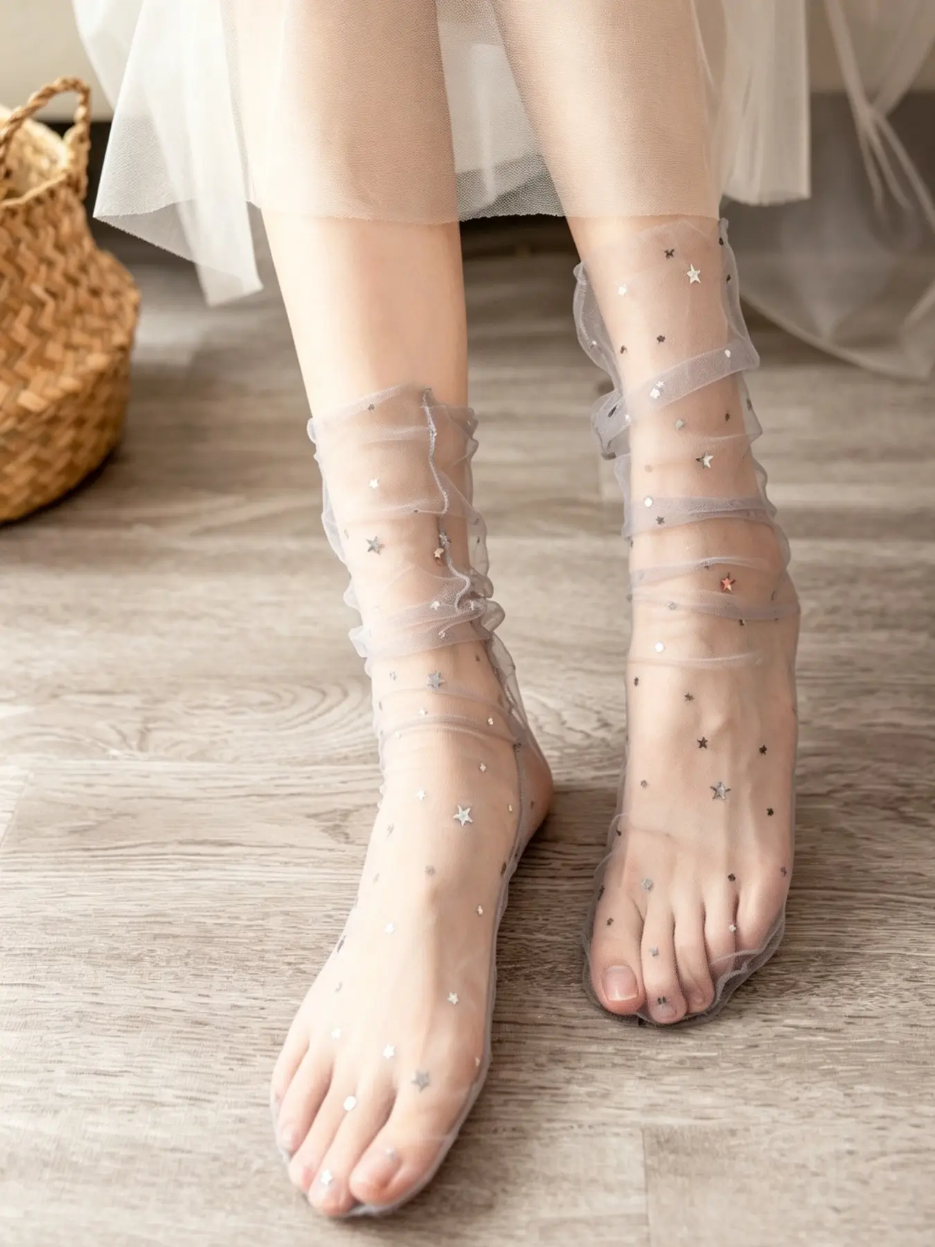 Summer Bestseller Transparent Mesh Socks for Women, Thin Solid Color Fairy Socks with Glitter Stars, Mid-Calf Stackable Socks