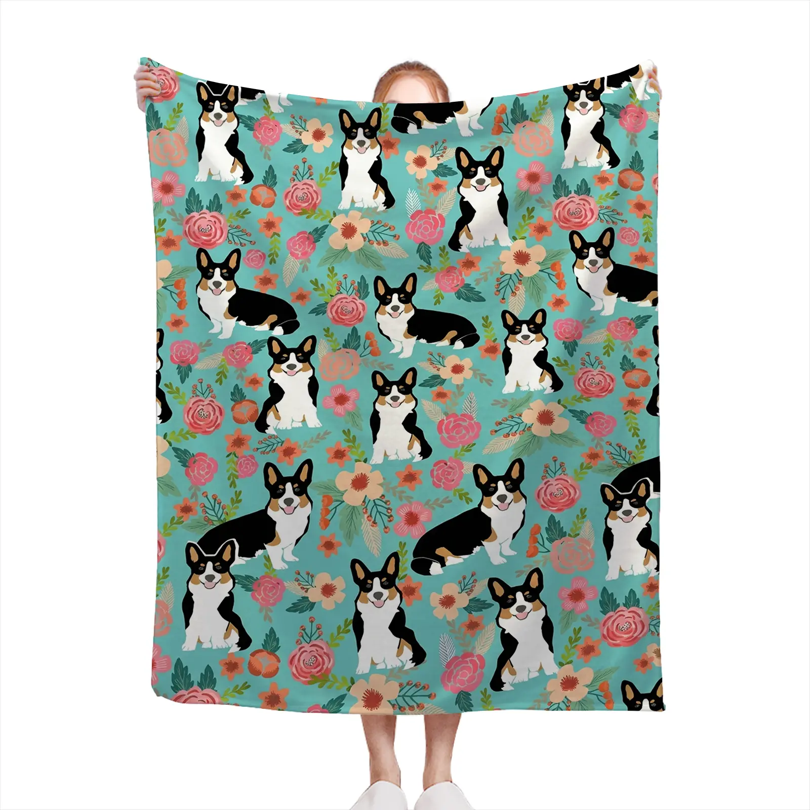 Soft Cozy Throw Blanket Flannel Teal Floral Corgi Dog Print Lightweight Warm Bed Sofa Gift For Dog Lovers2607230360