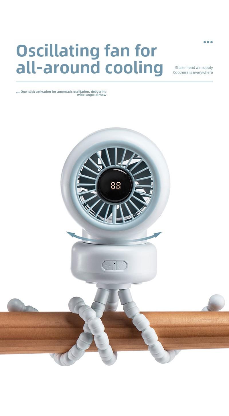 New baby stroller fan with oscillating head, octopus clamp for baby stroller, portable desktop rechargeable mini clip fan