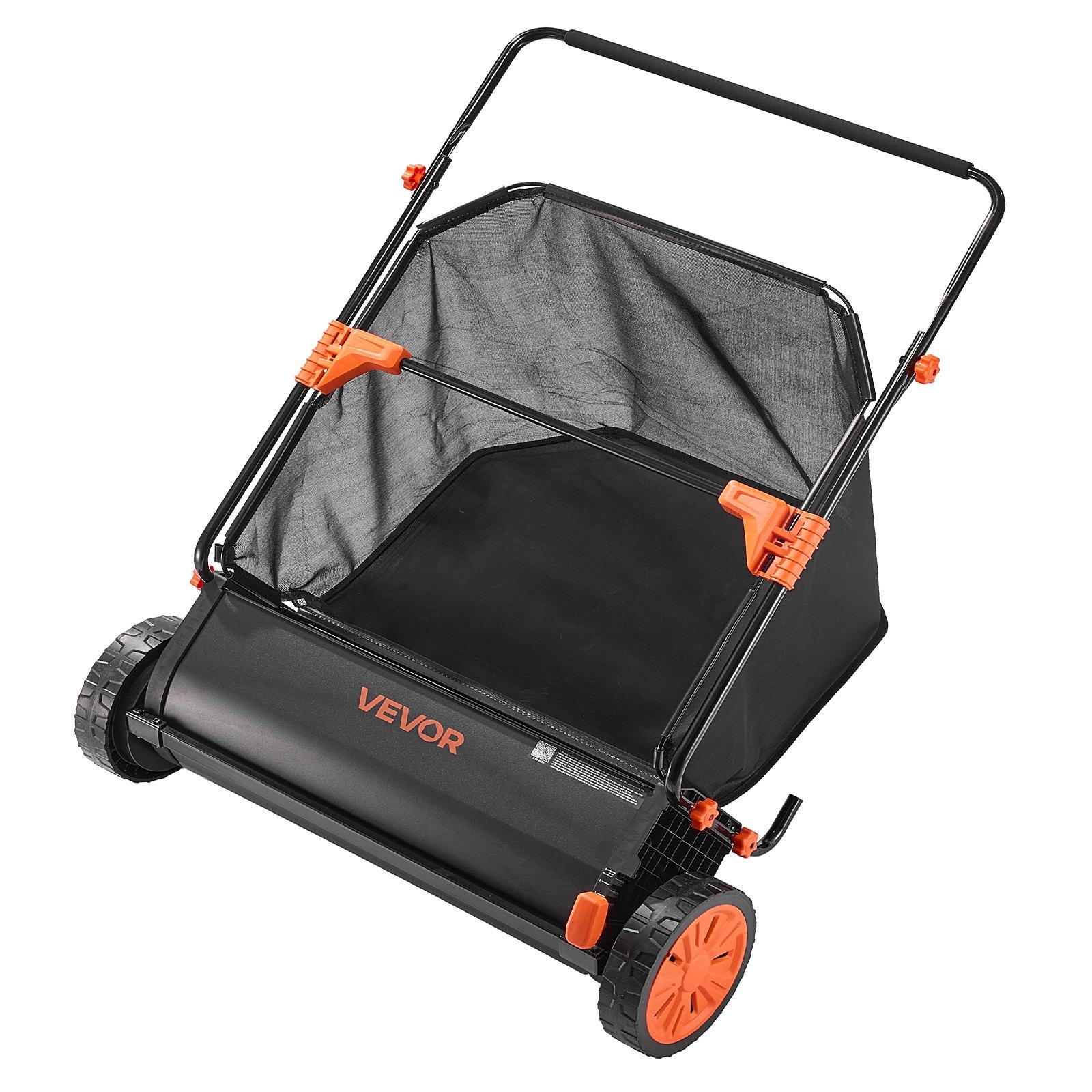 VEVOR Push Lawn Sweeper, 30 in Leaf & Grass Collector with 12 cu. ft. Hopper Bag, Adjustable Brush Height & Spinning Brushes, Heavy Duty Yard Sweeper with Rubber Wheels for Leaves Grass Cleanup