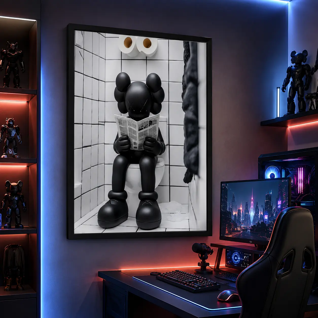 KAWS Figure on Toilet Reading Newspaper Canvas Wall Art, Funny Bathroom Poster, Black Cartoon Character Print, Modern Pop Decor, Streetwear Aesthetic for Kids Room, Bedroom, Balcony, Classroom, Man Cave, Apartment, Trendy Gift, Unique Home Accent for Fans