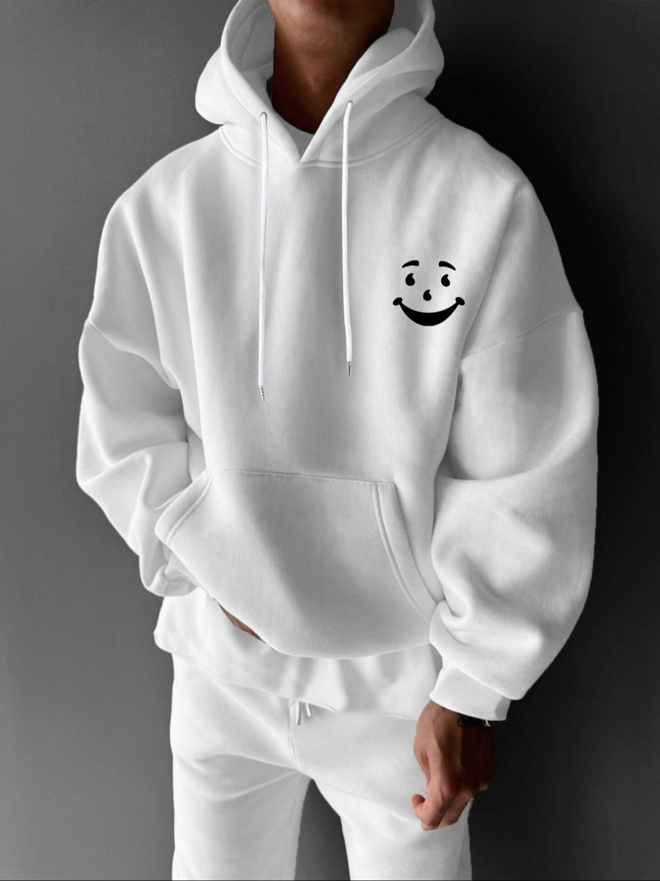 Men's Cartoon Smile Face Print Drop Shoulder Hoodie, Fashion Casual Regular Fit Drawstring Pocket Hooded Sweatshirt for Daily Holiday Outdoor Wear, Men Clothes for Fall & Winter