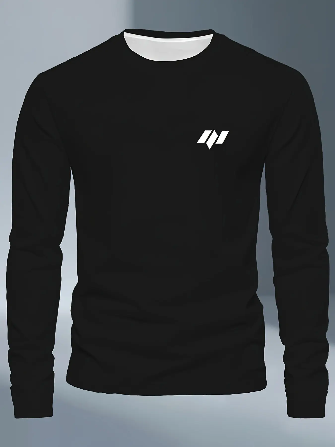 Minimal White Triple Rhombus Logo Print Coffee Brown Crewneck Long Sleeve Tee Men Simple Left Chest Geometric Basic Street Casual Daily Top