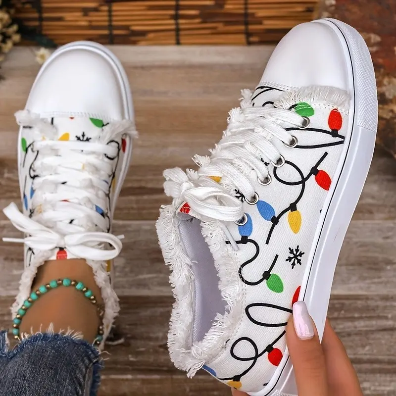 Cozy Shoes with Festive Christmas Light Print, Women Shoes Black