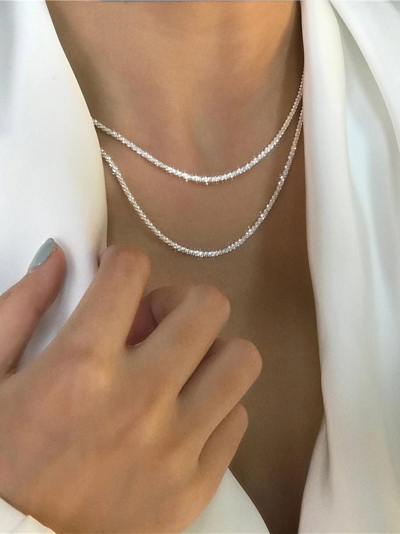 Elegant Artificial Diamond Chain Necklaces for Women, Luxury Sparkling Rhinestones Decor Chain Necklaces, Fashion Matching Jewelry, Bridal Accessories for Wedding & Engagement, Exquisite Chain Jewelry