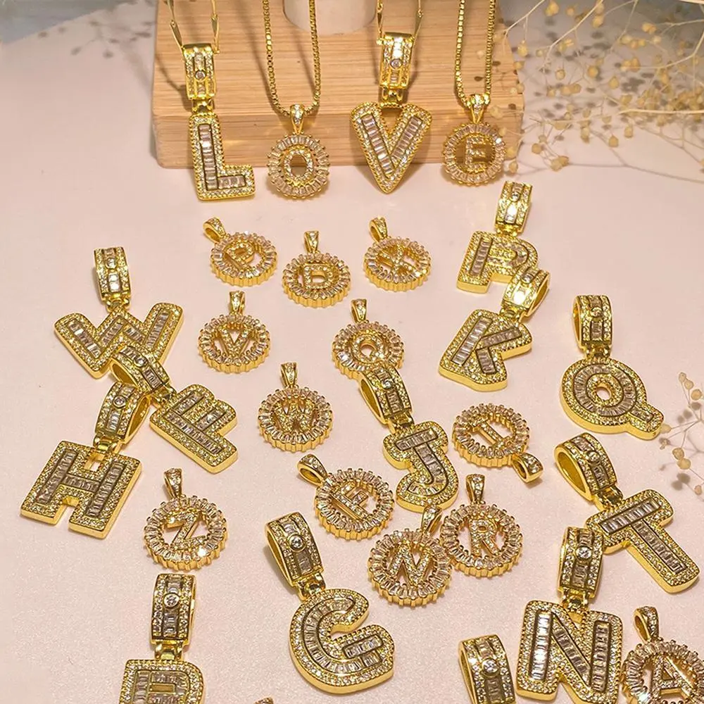 2PCS 14K Gold Plated Trendy Initial A-Z Pendant Necklaces Set, 2Pcs Personalized Round Circle Pendant Shiny Cubic Zirconia Letters Name Pendant Jewelry Couple Necklace Holiday Gift